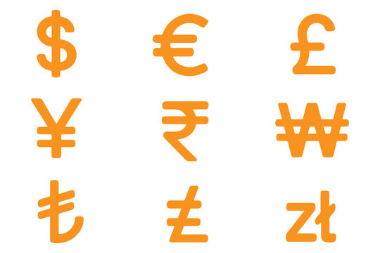 Currency symbols icons set. Vector illustration of coins with international currency symbols. Dollar, Euro, Pound, Rupee, Franc, Ruble, Yen, Won, Lira, Riyal, New shekel, Baht, Colon, Peso