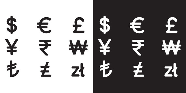 Currency symbols icons set. Vector illustration of coins with international currency symbols. Dollar, Euro, Pound, Rupee, Franc, Ruble, Yen, Won, Lira, Riyal, New shekel, Baht, Colon, Peso