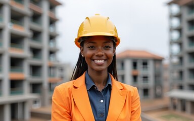 Black woman, engineer and portrait at construction site, happy and pride for career in city. Person, architect and smile with helmet for safety, property and real estate with development in Kenya