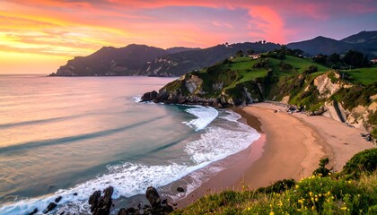 Beautiful coastal scene with a sandy beach and hills at sunset