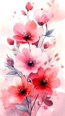 Elegant watercolor painting of pink and red floral arrangement on a white backdrop