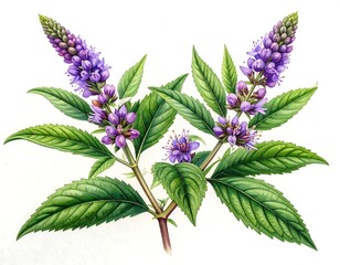 Elegant watercolor of two stems with violet blossoms and bright green leaves, on white