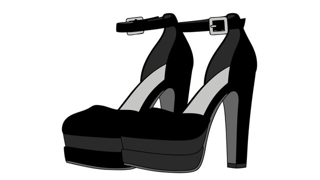 Black Platform Stiletto Heels With Ankle Straps And Buckle Detail On A Black Background