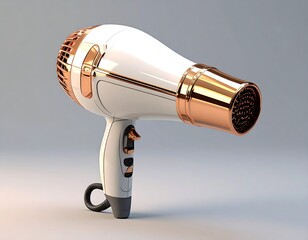 Elegant white and rose-gold hair dryer standing at an angle against a gray backdrop