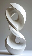 Elegant white abstract sculpture twists and curves against a soft, neutral background
