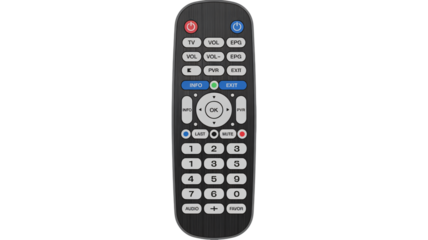 Sleek black universal television remote control on a solid for media control