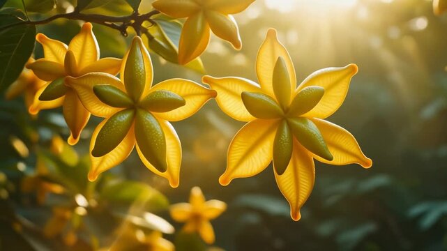 Close-up of vibrant yellow tropical flowers bathed in golden sunlight, showcasing their unique star-like petals and lush green foliage.
