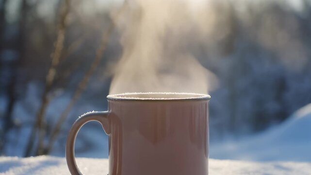 Steaming mug of hot coffee or tea in a snowy winter landscape, with warm sunlight illuminating the rising vapor.