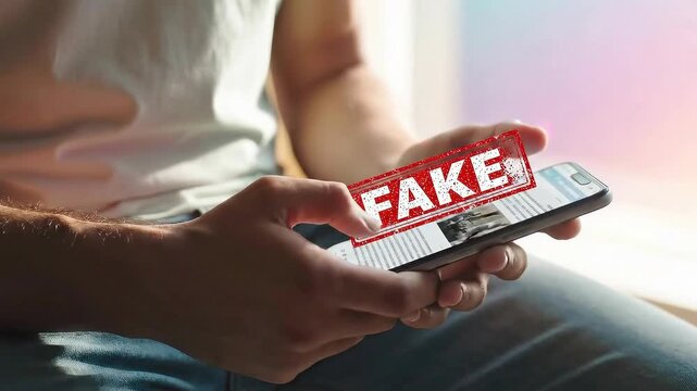 Smartphone Displaying Fake News Alert in Hands of Person, Misinformation Concept.