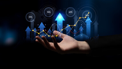 A hand reaches out to a digital graph displaying ascending arrows and numerical percentages, symbolizing growth in business, finance, and technology sectors. Scalp