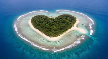 Aerial view of a stunning heart-shaped tropical island with lush green trees, white sand beach, and coral reef in a clear blue ocean.