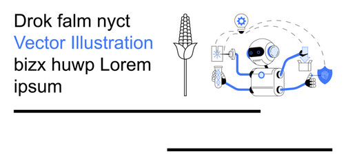 Agriculture automation, AI, robotics, science, future farming, innovation. A robot interacts with a corn plant, gears shield and light bulb. Agriculture automation and AI technology