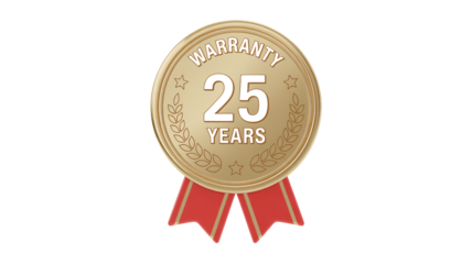 Golden twenty five year warranty seal icon with red ribbon for quality assurance