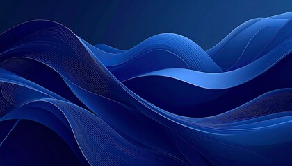 Flowing, layered abstract design of blue, wavy ribbons