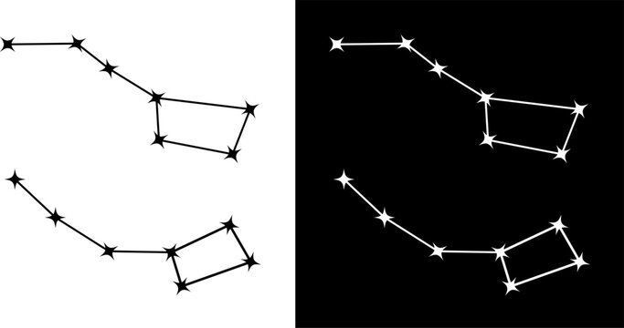 Big and Little Dipper constellation set in light and dark styles, featuring Ursa Major and Ursa Minor. Minimalist star line art vector for astronomy, decor, posters, and modern designs.
