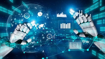 This image showcases robotic hands engaged with vibrant data visualizations in a digital setting, symbolizing the blend of technology and innovation in modern analytics. Xenic