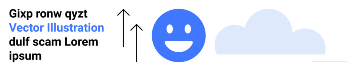 Positive growth, happiness, aspiration, success, optimism, motivation. A blue happy face, upward arrows and a cloud. Positive growth and happiness are core here