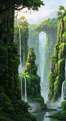 Lush tropical canyon features numerous waterfalls cascading down moss-covered cliffs