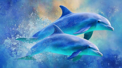 Fototapeta premium Dolphins leaping out of the sea, watercolor illustration w/ luminous iridescent blues & golds, soft glow. Celestial ocean background