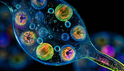 Extreme macro shot of genetically enhanced human cells under a microscope, vividly colorful and glowing in a dark background, representing biotechnology and medical research