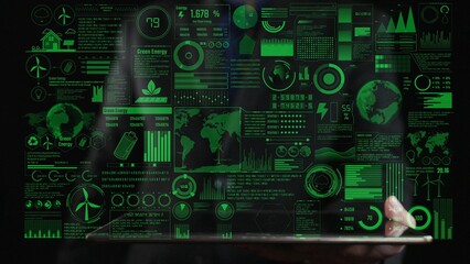 Explore a sleek visualization of green energy statistics on a laptop screen, showcasing key metrics and icons for sustainable energy management and analysis. Cipher