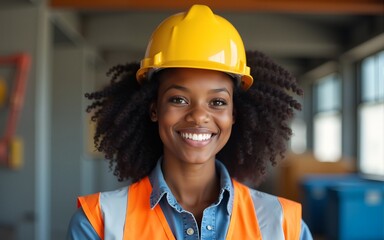 Portrait of a proud, strong, and skilled female African American construction worker, radiating toughness and professional competence in her field. Generative AI. High quality