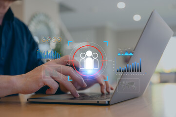 Business hand on laptop with digital audience targeting, customer data analytics, KPI dashboard and marketing strategy insight for growth and automation, Marketing analytics and customer targeting