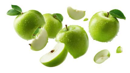 Fresh green apple and sliced half with seeds on black background for healthy food concept