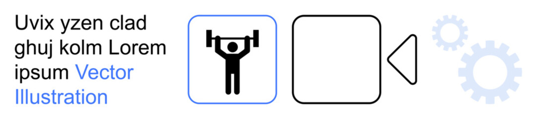 Fitness, navigation, technology, smartphone apps, health tracking, digital tools. A person lifting weights, a play button and gears. Fitness and navigation concept