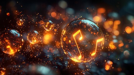 Abstract Music Notes in Glowing Orbs - A Digital Symphony.