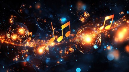 Musical Notes and Orbs Floating in a Cosmic Space.