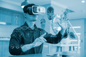 Doctor using virtual reality for health research. Cardiologist with VR glasses analyzes a 3D heart hologram and ECG. Futuristic healthcare, medical technology, metaverse concept