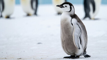 Adorable emperor penguin chick stands alone on Antarctic snow with colony blurred in background