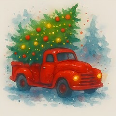 Roter Pickup Truck mit Weihnachtsbaum - Winter Wallpaper - Roter Pickup Truck Design - Weihnachts Illustration