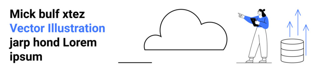 Woman holding tablet near a cloud and database icon with upward arrows. Ideal for technology, data storage, innovation, analytics, cloud computing, progress, simple landing page