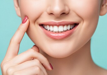 Obraz premium Close up of a smiling woman showing perfect white teeth and healthy skin touching her cheek