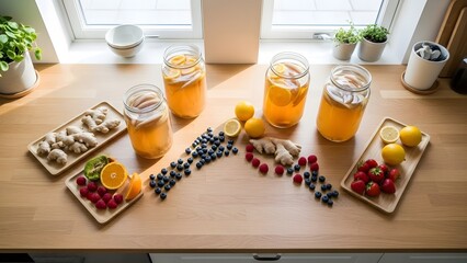 Aerial View of Scandinavian Kitchen with Brewing Kombucha in Morning Light