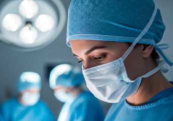 Female surgeon in blue scrubs and surgical mask focused in operating room