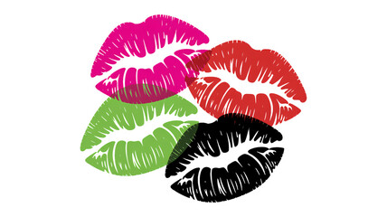 Four colorful overlapping lipstick kiss marks create a vibrant pop art graphic design element against black