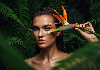 Beautiful young woman with bird of paradise flower in lush green tropical nature