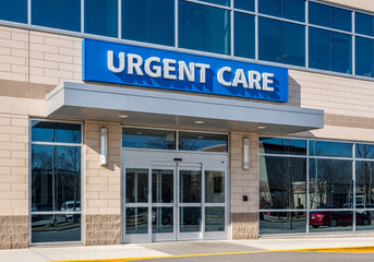 Naklejka premium Modern urgent care medical facility building exterior with prominent blue sign and entrance