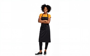 Isolated small business african american lady owner or barista with apron on white background. High quality