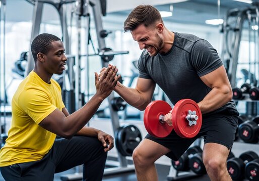 Dedicated man lifting heavy dumbbell with support from his personal trainer in a gym