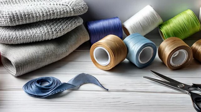Seamstress essentials: colorful thread and fabrics with scissors and needlework tools