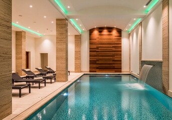 Naklejka premium Luxurious indoor swimming pool with waterfall feature and lounge chairs in modern spa