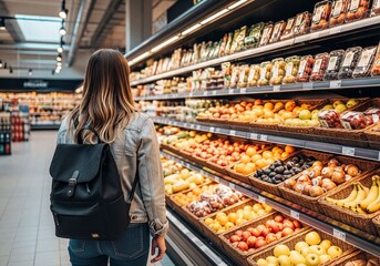 Woman shopping for fresh fruits and vegetables in a bright supermarket aisle