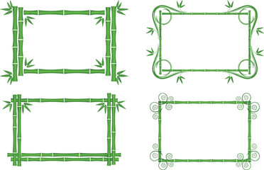 Set of Realistic Bamboo Frame Borders with Green Leaves, Tropical Ferns, and Vines, Natural Wooden Decoration Mockup Template Vector Pack in Square, Circular, Rectangular, and Hexagon Shapes