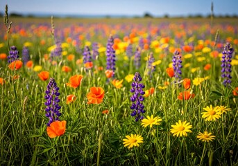 Obraz premium Vibrant summer meadow with colorful wildflowers including purple lupine and orange poppy blooms