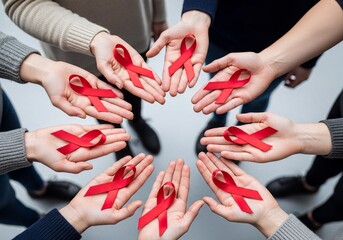 Diverse hands holding red ribbons in a circle for AIDS awareness and support campaign