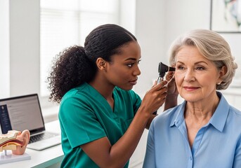 African american doctor examines senior woman patient ear with otoscope in clinic